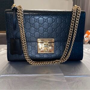 Gucci Padlock Black Embossed GG Leather Shoulder Bag with Gold Chain